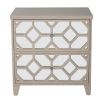 washed wood side table with 2 drawers and mirror glass front with intricate pattern