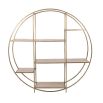 round shelving unit with brass frame and travertine marble shelves