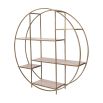 round shelving unit with brass frame and travertine marble shelves