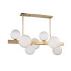 A dazzling, aged brass chandelier adorned with acid-etched glass globe shades
