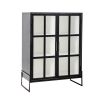 A chic, industrial-style display cabinet with a black oak and metal finish