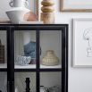 A chic, industrial-style display cabinet with a black oak and metal finish