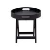 A sleek and simple black side table with removable tray top and criss cross black legs