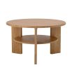 round coffee table from wood with lovely wood grain and open shelf