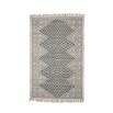 A beautiful and bold, geometric patterned rug with a grey finish and fringed details