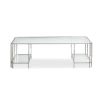 A contemporary clear glass coffee table with lower shelves and a polished nickel finish 