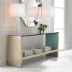 Sublime console table with stone material and teal blue accent