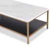 White marble rectangular coffee table with lower wooden shelf