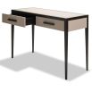 Faux leather top console table in neutral accented with wooden handles and tapered legs