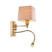 Elegant wall lamp with reading light on vintage brass base with square linen shade