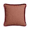 Soft square cushion with fringe detail in cream, amber and red finished