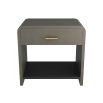 Waterfall-edged side table in sleek topstitched graphite leather and brass handle