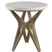 White limestone side table with geometric wooden legs