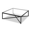 Black frame coffee table supporting clear glass top