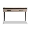Faux leather top console table in neutral accented with wooden handles and tapered legs