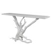 White console table with driftwood base resembling a tree and marble top