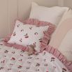 kids quilt and cushion set with cherry design and ruffled striped edges