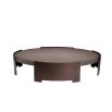 Round coffee table with wooden surface suspended between bronze legs