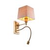 Elegant wall lamp with reading light on vintage brass base with square linen shade