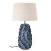 Blue terracotta painted side lamp with wave patterned base