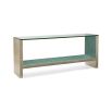 Sublime console table with stone material and teal blue accent