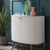 Glamorous contemporary bar cabinet with woven texture on the doors and silver base