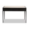 Faux leather top console table in neutral accented with wooden handles and tapered legs