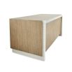 Light brown wooden desk with white ribbed edge
