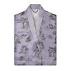 Elegant lilac silk robe with black traditional artistry