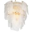 An elegant chandelier with textured glass reflects a warm, radiant glow.