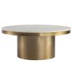 Round brass coffee table with white marble top