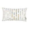Embroidered cushion with stripes in tonal colours with bobble fringe.