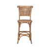 wood and rattan barchair with arching shapes in base