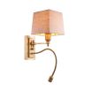 Elegant wall lamp with reading light on vintage brass base with square linen shade