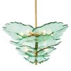 Green glass floral style chandelier with brass ceiling fixture