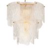 An elegant chandelier with textured glass reflects a warm, radiant glow.