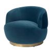 Small and circular blue swivel chair with rounded edges and brass base