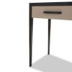 Faux leather top console table in neutral accented with wooden handles and tapered legs