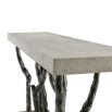 Wooden plinth console table with branch-like bronze framework and concrete style top