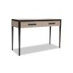 Faux leather top console table in neutral accented with wooden handles and tapered legs