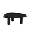 Black wooden coffee table with pebble-shaped top and three legs