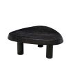 Black wooden coffee table with pebble-shaped top and three legs