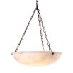 Alabaster dish-style pendant light with brass chain suspension