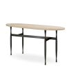 Travertine-topped console table set in a simplistic bronze finished base. 