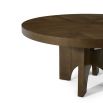 Rich brown round dining table with arched, interlocking legs