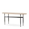 Travertine-topped console table set in a simplistic bronze finished base. 