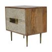 stunning natural wood bedside table with two drawers and decorative detailing