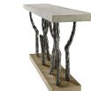 Wooden plinth console table with branch-like bronze framework and concrete style top