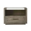 Brown wood bedside table with marble top, shelf and drawer