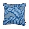 Enchanting blue cushion with large leaf design and velvet piping